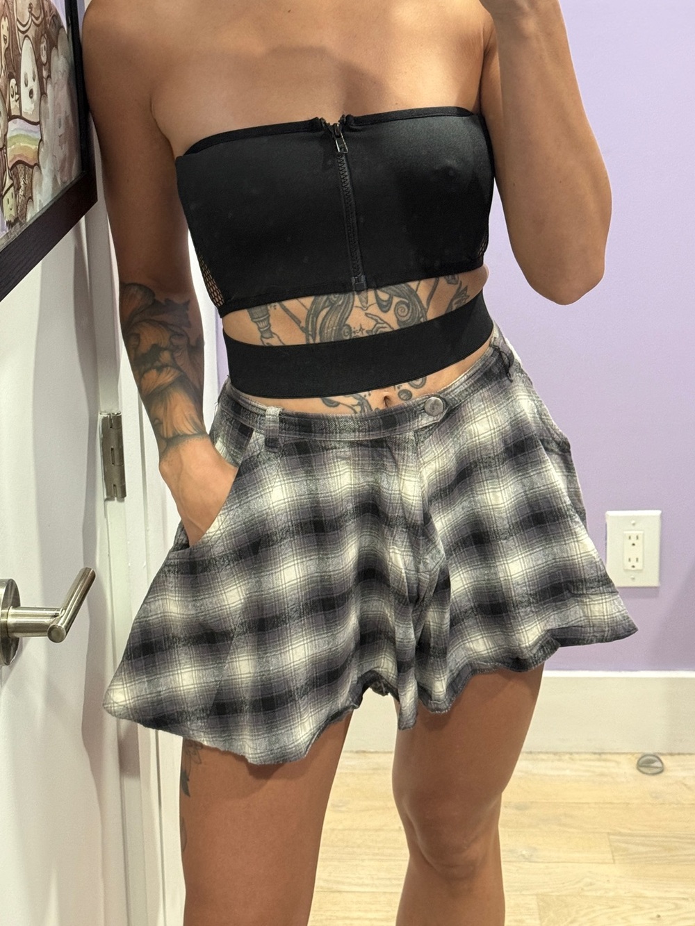 UNIF Black High Waist Plaid Flared Shorts